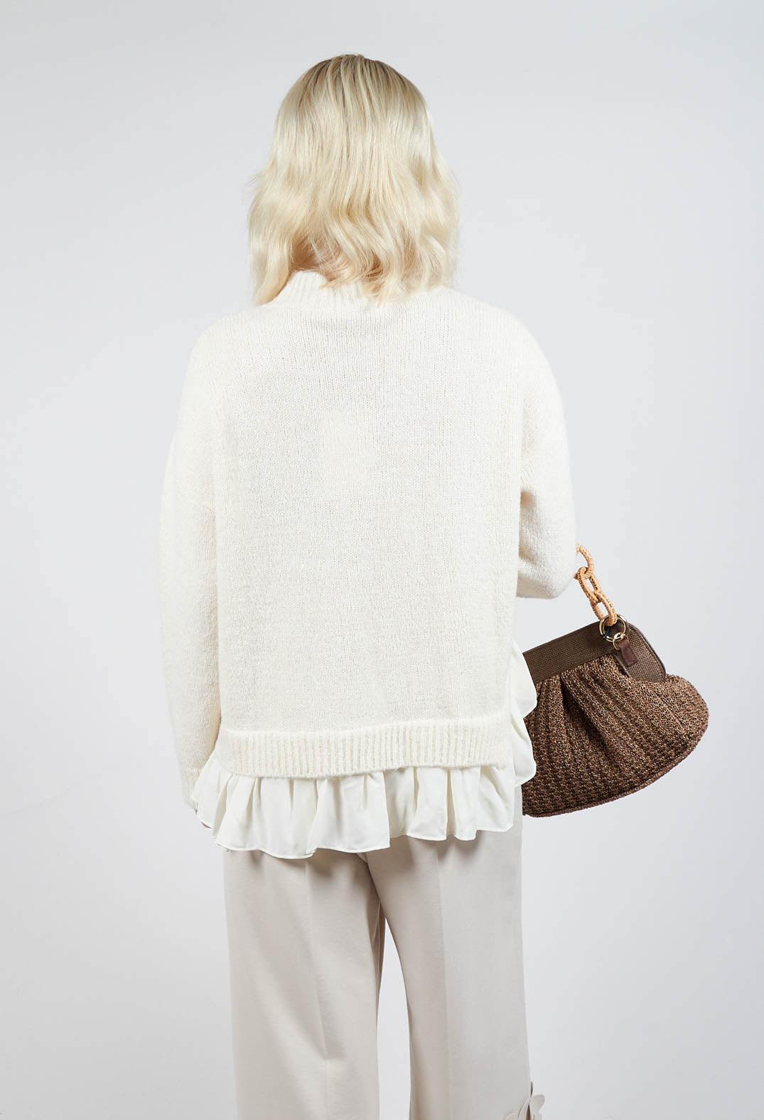 Knitted Jumper with Frill Hem in White Wool