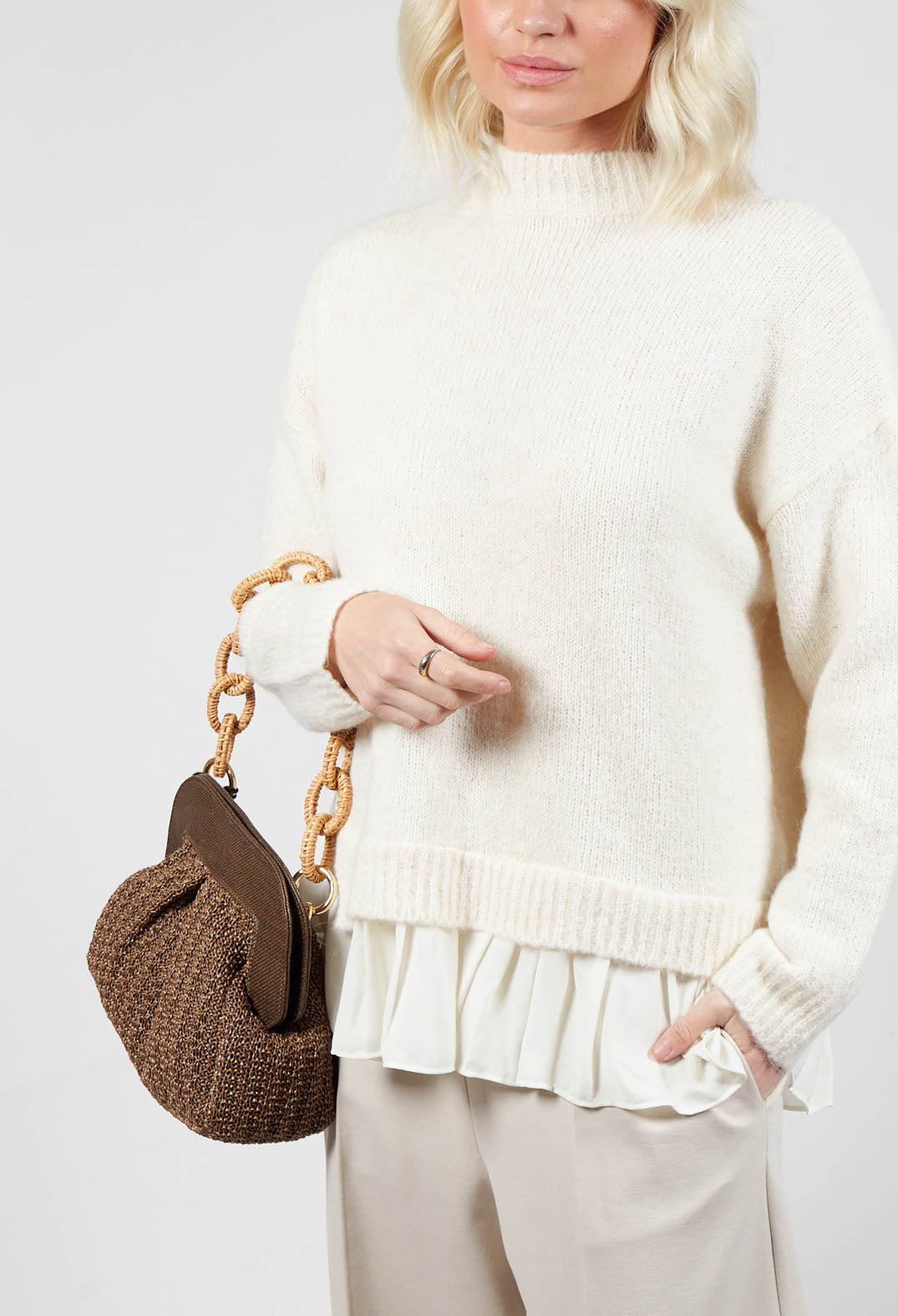 Knitted Jumper with Frill Hem in White Wool