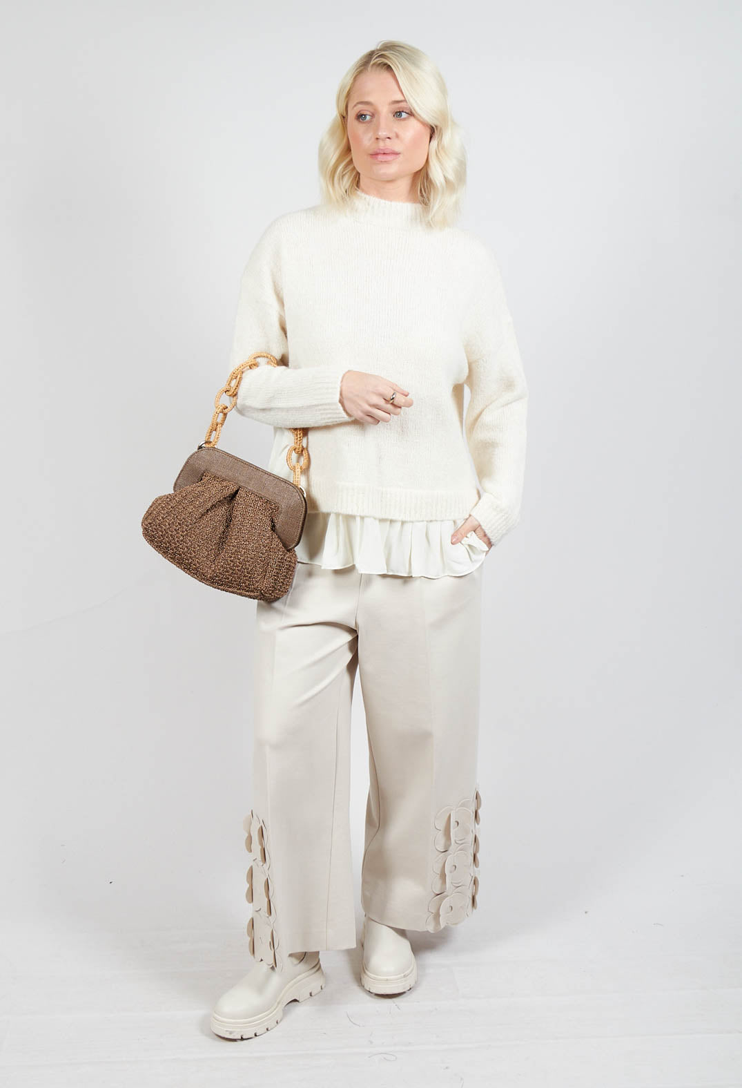 Jersey Trousers with Floral Embellishment in Sandshell