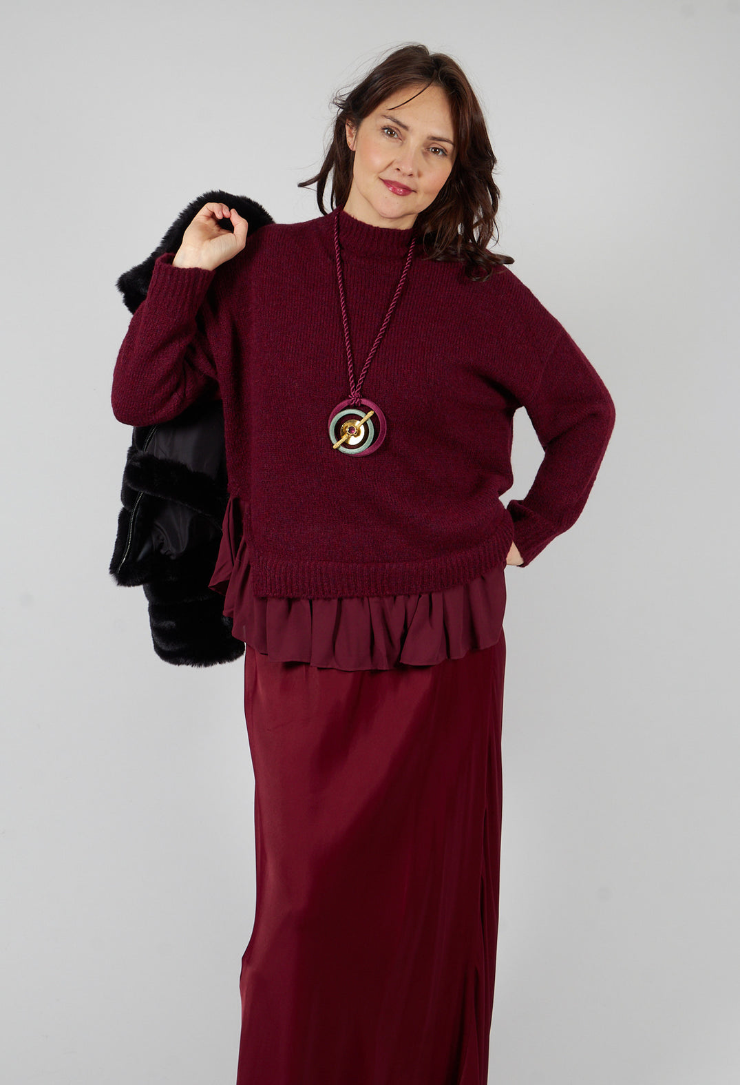 Knitted Jumper with Frill Hem in Rumba