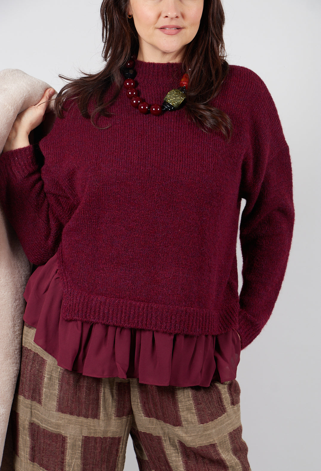 Knitted Jumper with Frill Hem in Rumba