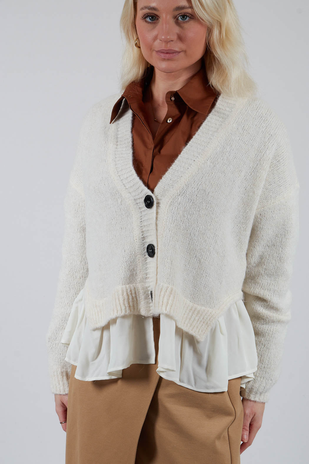 Knitted Cardigan with Frill Hem in White Wool