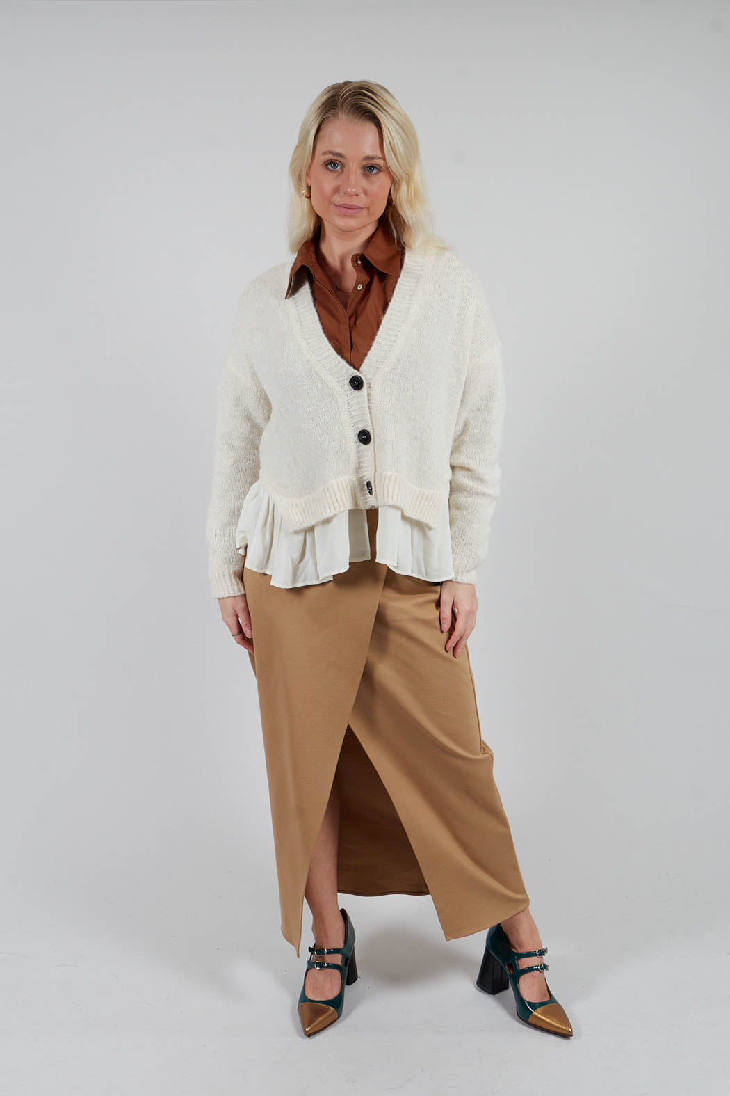 Knitted Cardigan with Frill Hem in White Wool