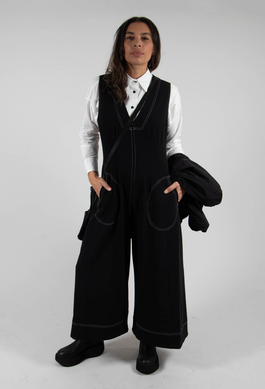 Wide Leg Denim Style Jumpsuit in Black