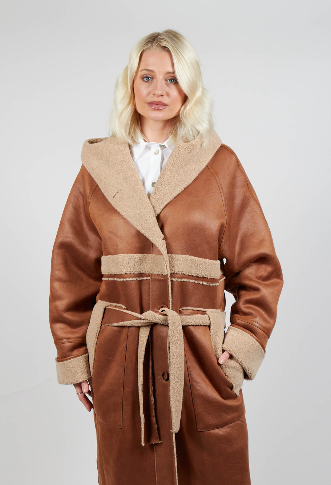 Reversible Long Faux Fur and Suede Coat in Tan and Biscuit