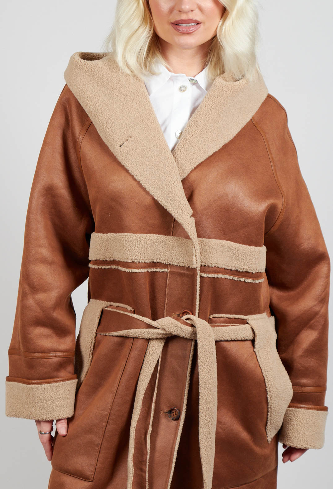 Reversible Long Faux Fur and Suede Coat in Tan and Biscuit