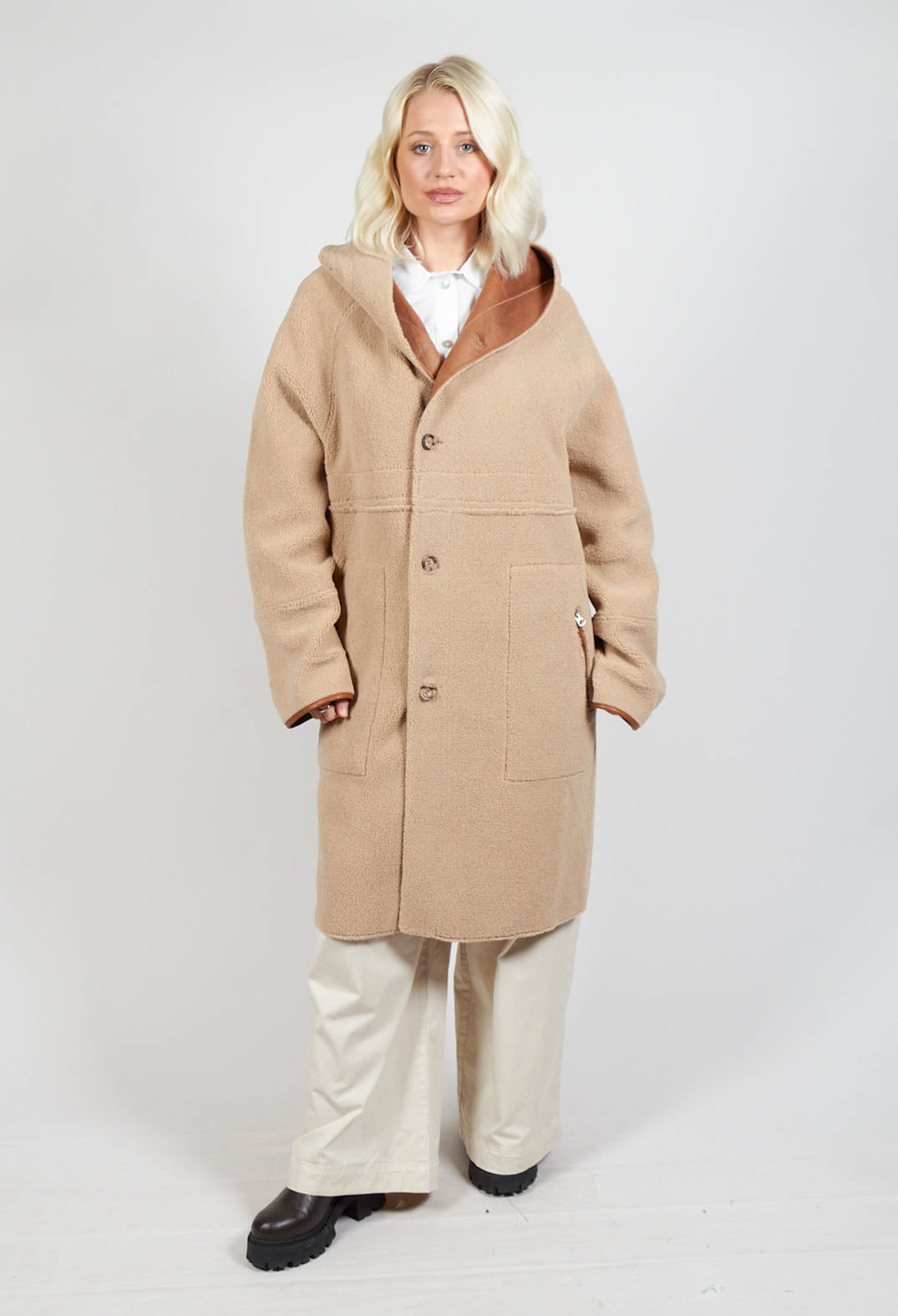 Reversible Long Faux Fur and Suede Coat in Tan and Biscuit