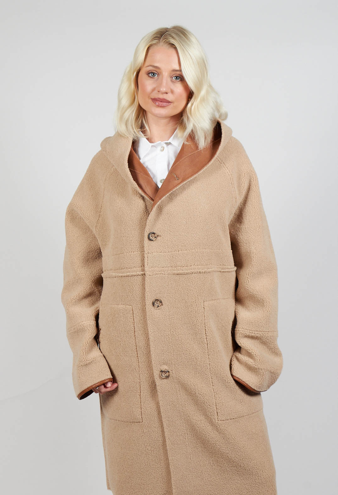 Reversible Long Faux Fur and Suede Coat in Tan and Biscuit