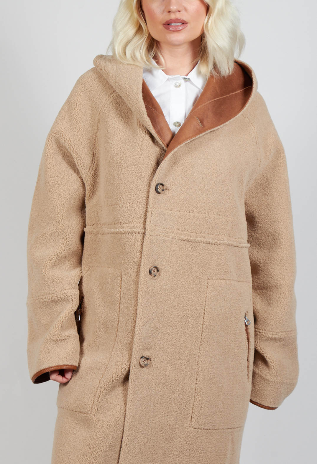 Reversible Long Faux Fur and Suede Coat in Tan and Biscuit