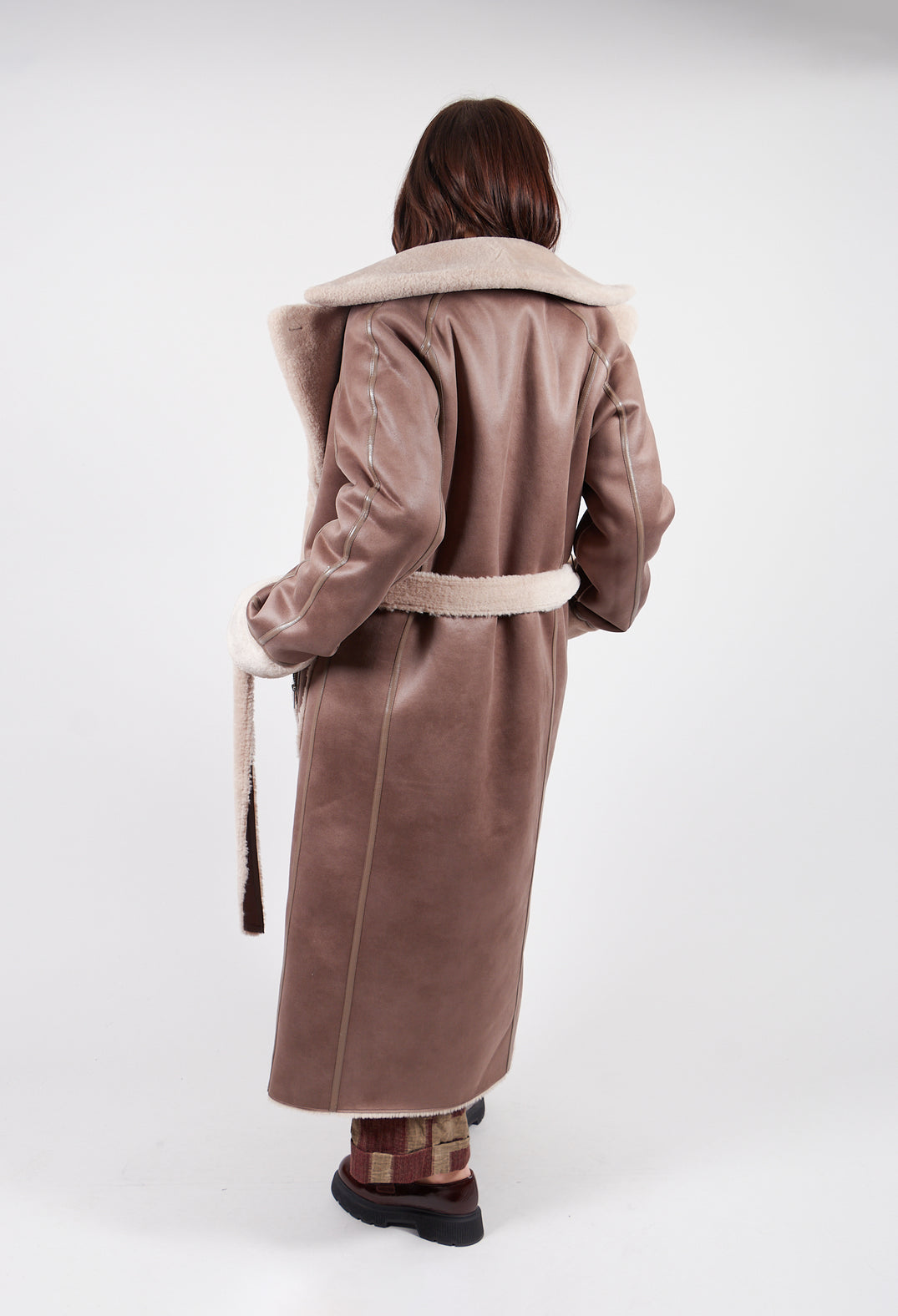 Reversible Longline Faux Fur Coat in Taupe