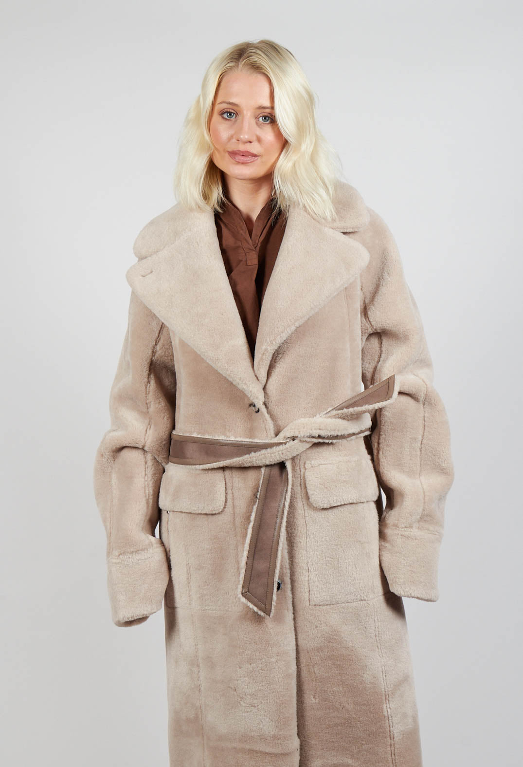 Reversible Longline Faux Fur Coat in Taupe