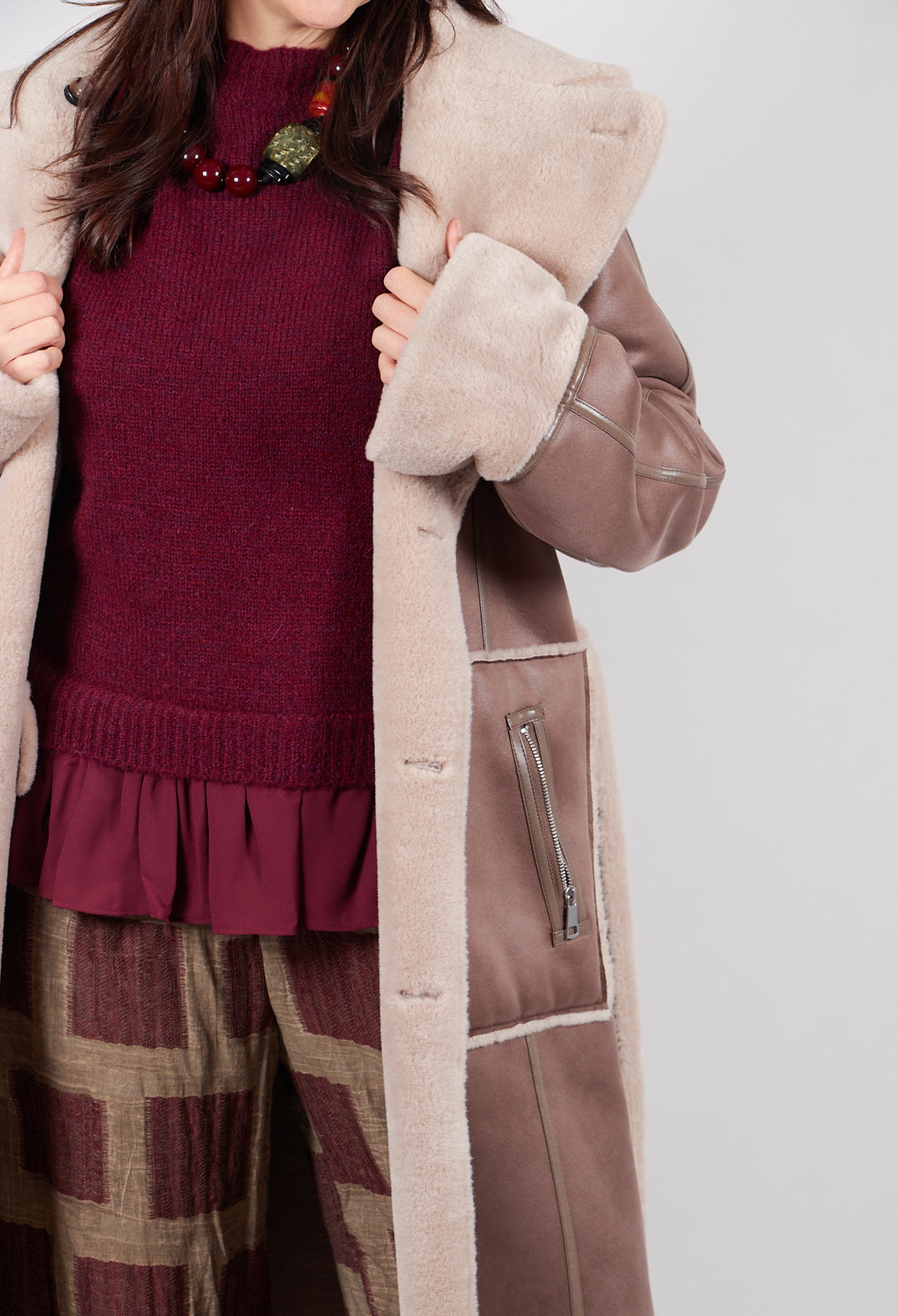 Reversible Longline Faux Fur Coat in Taupe