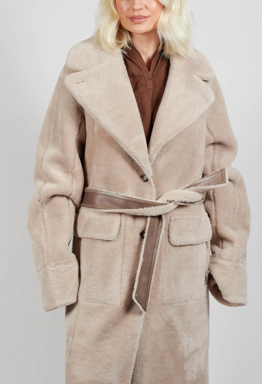 Reversible Longline Faux Fur Coat in Taupe