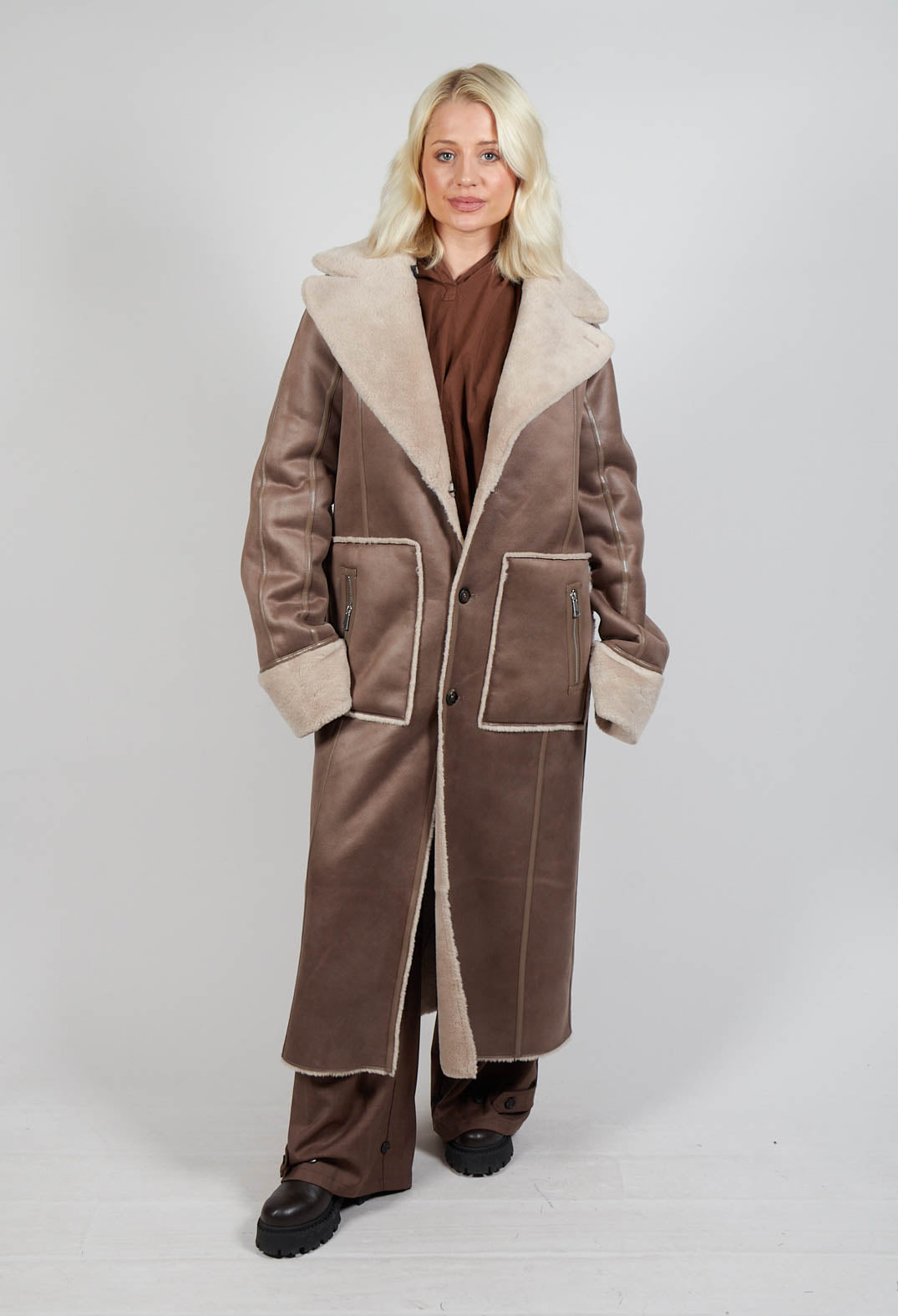 Reversible Longline Faux Fur Coat in Taupe