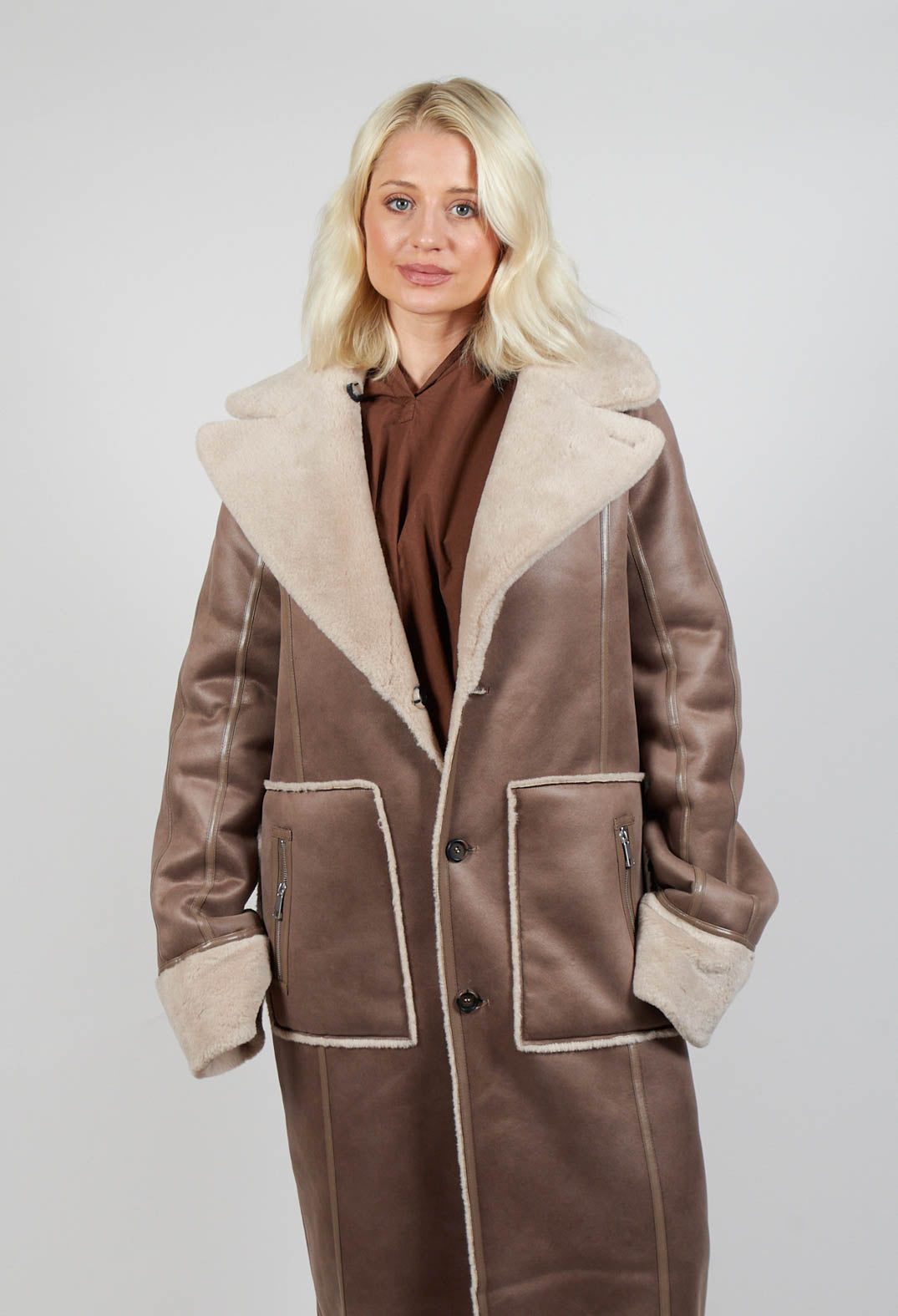 Reversible Longline Faux Fur Coat in Taupe