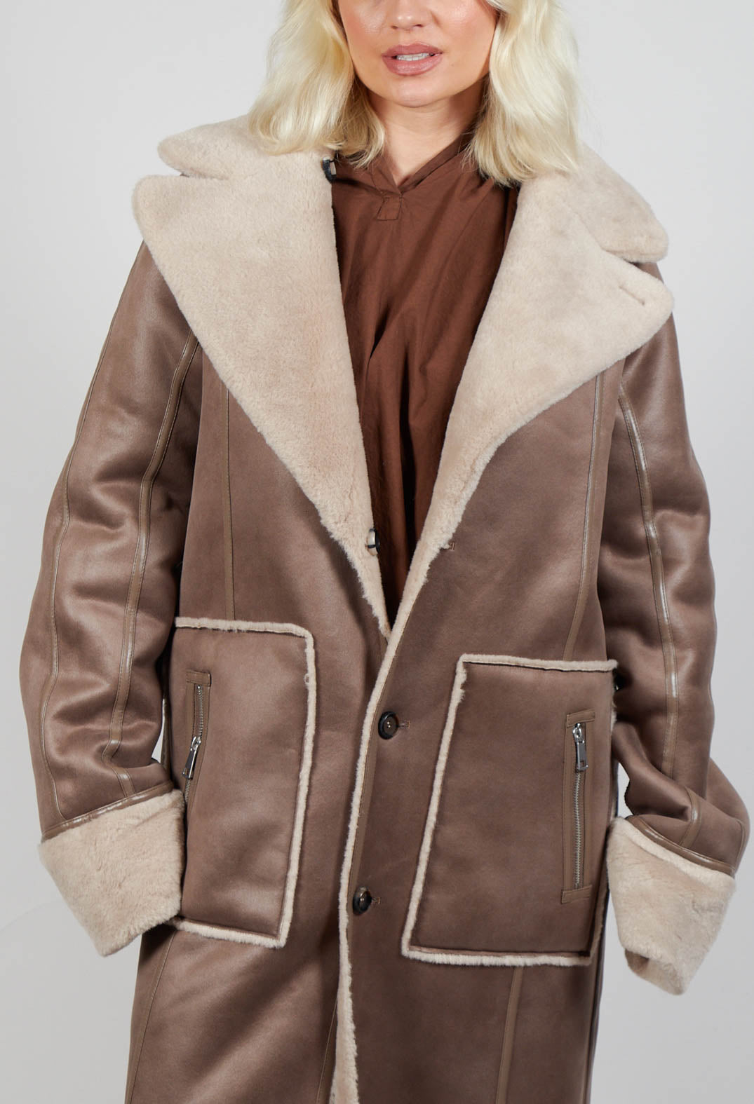 Reversible Longline Faux Fur Coat in Taupe