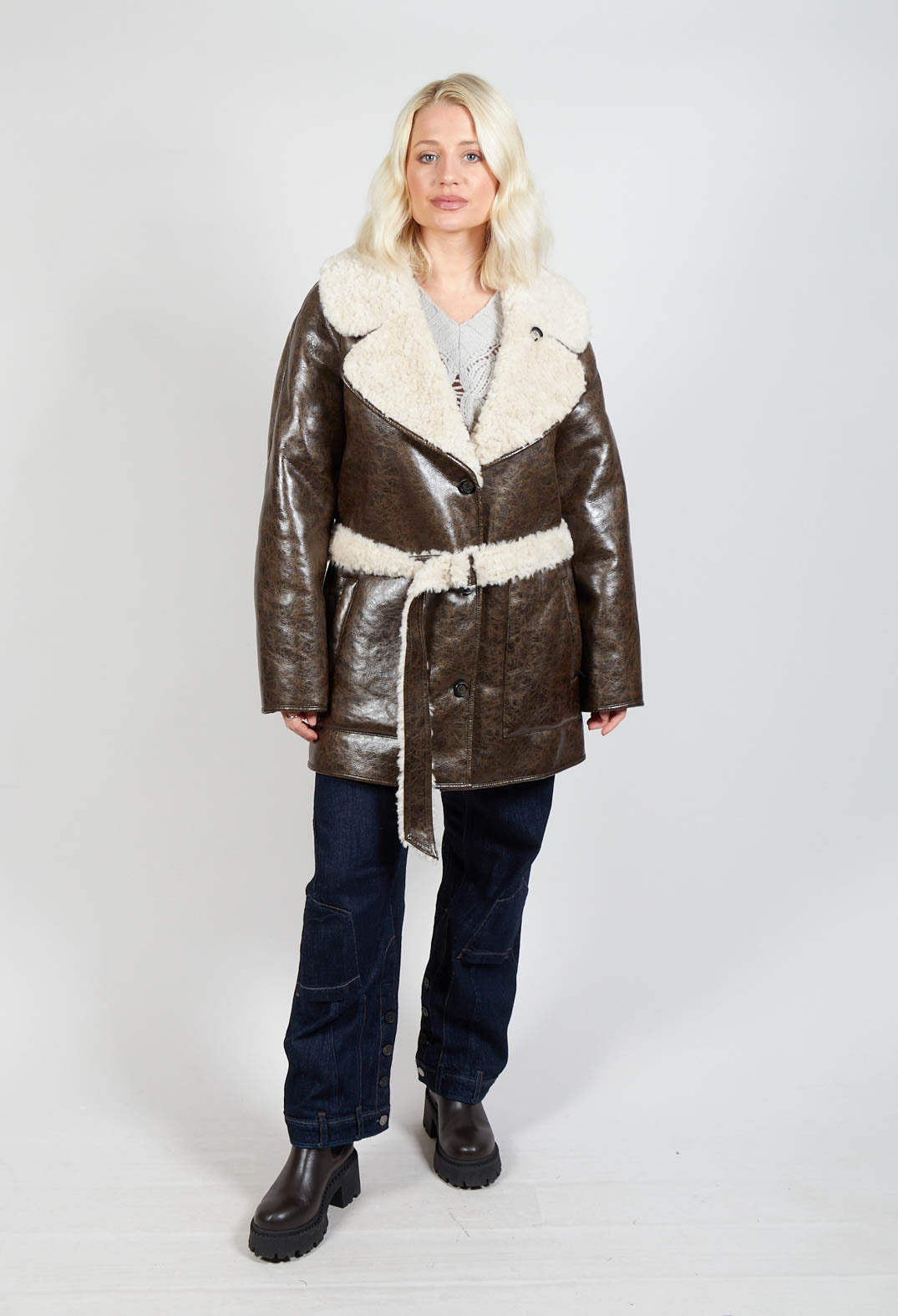 Reversible Faux Fur and Suede Jacket in Khaki Crackle