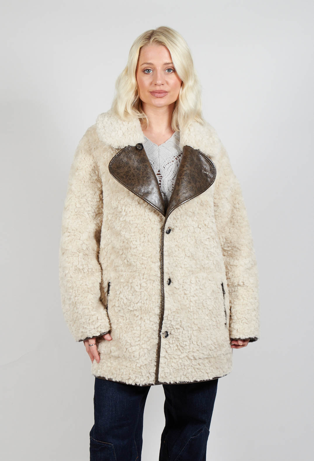 Reversible Faux Fur and Suede Jacket in Khaki Crackle