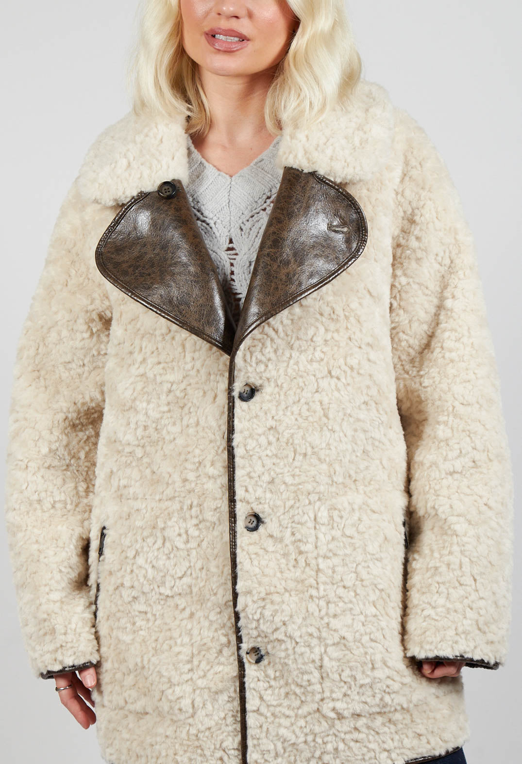 Reversible Faux Fur and Suede Jacket in Khaki Crackle