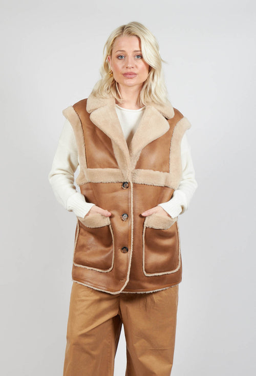 Reversible Gillet with Contrasting Faux Fur and Suede in Camel and Cream