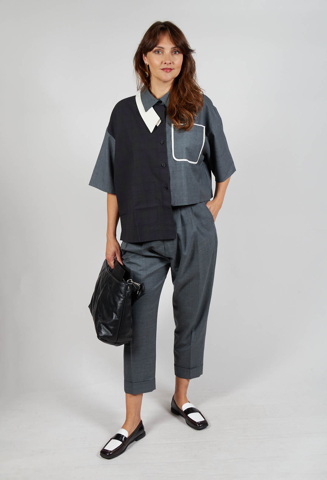 Pleated Wool Trousers in Grey Blue