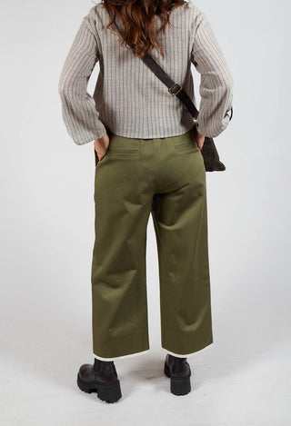 Contrast Hem Cotton Trousers in Olive