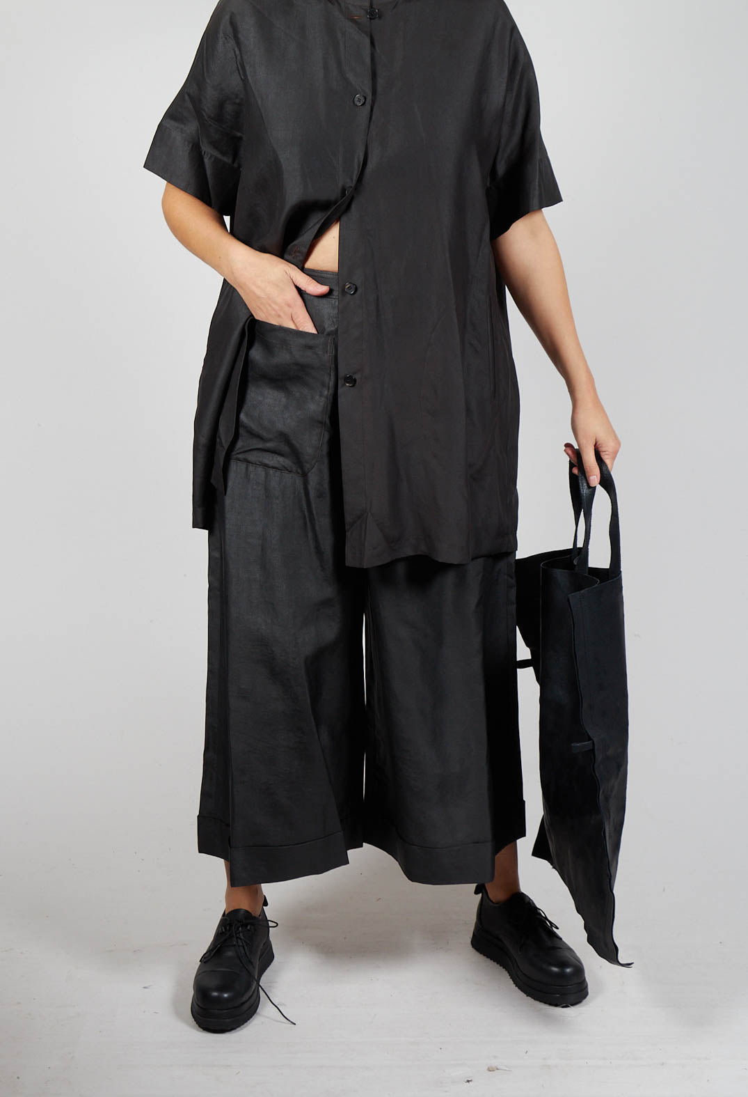 Wide Leg Silk Trousers in Black