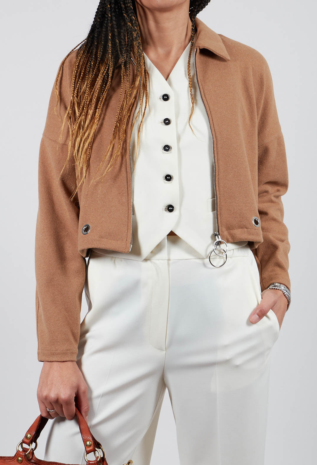 Fleece Cropped Jacket in Camel