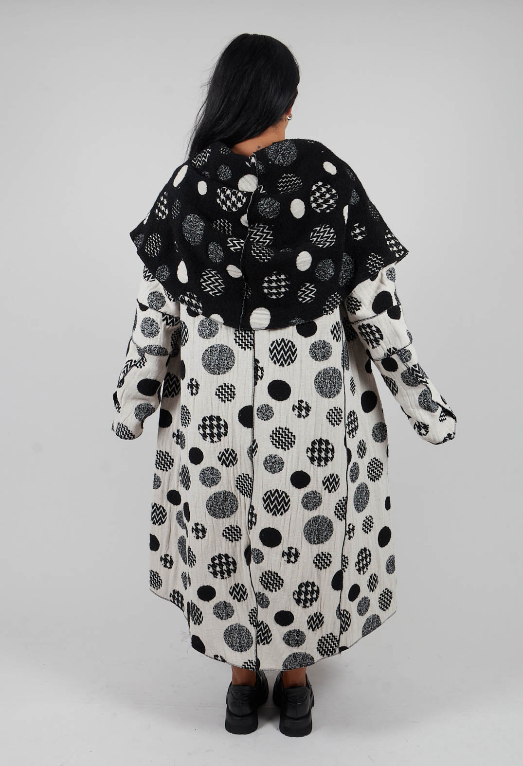 Hooded Oversized Fit Coat in White with Black Pois