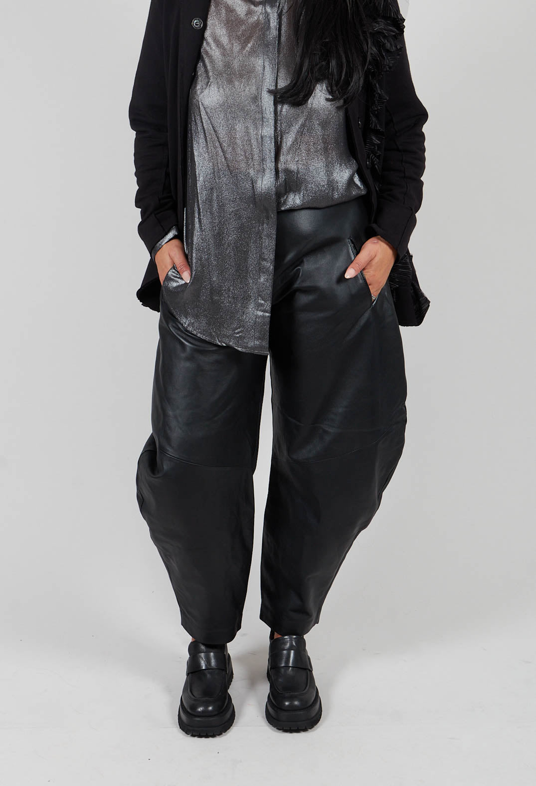 Barrel Leg Leather Trousers in Black