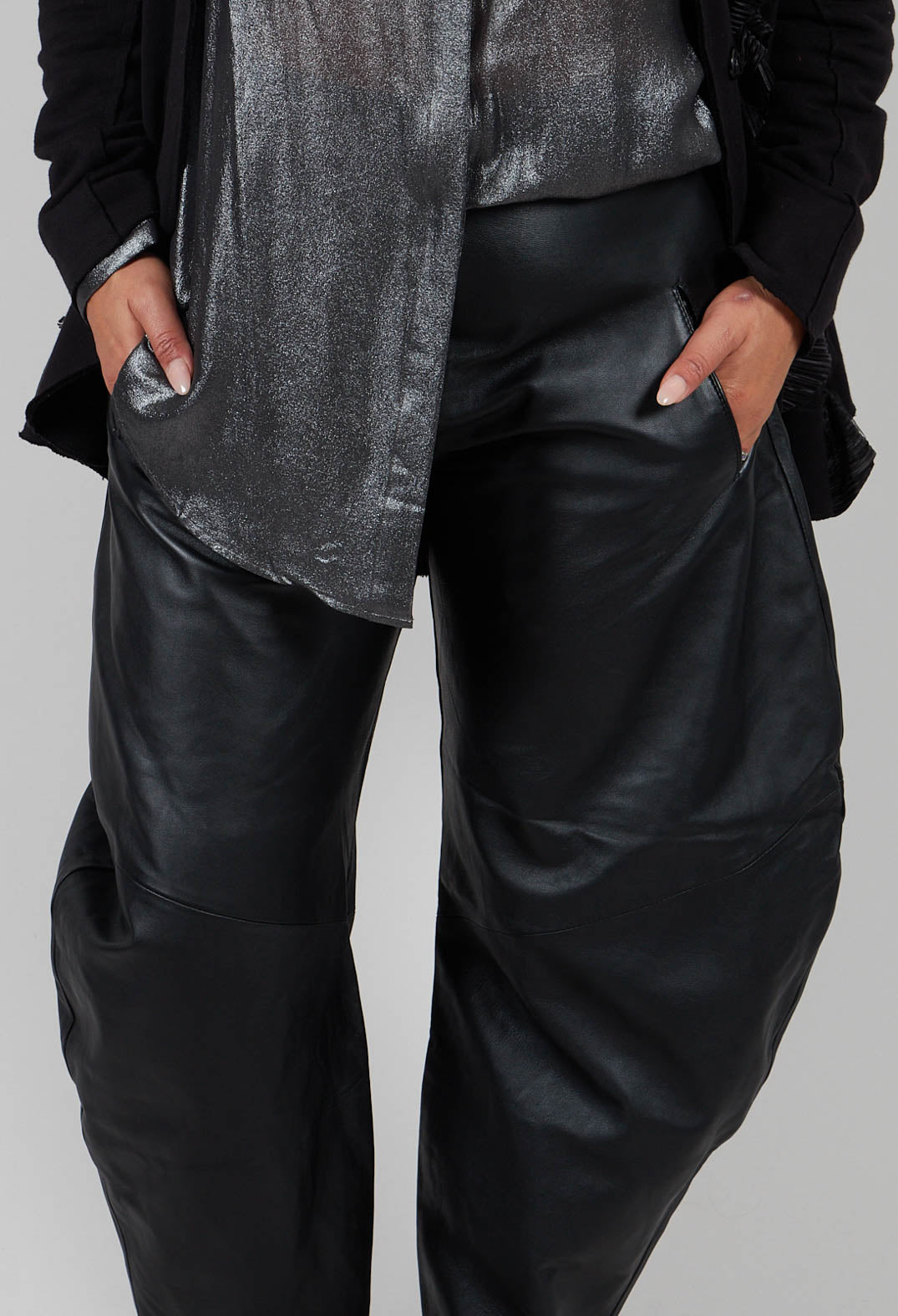 Barrel Leg Leather Trousers in Black