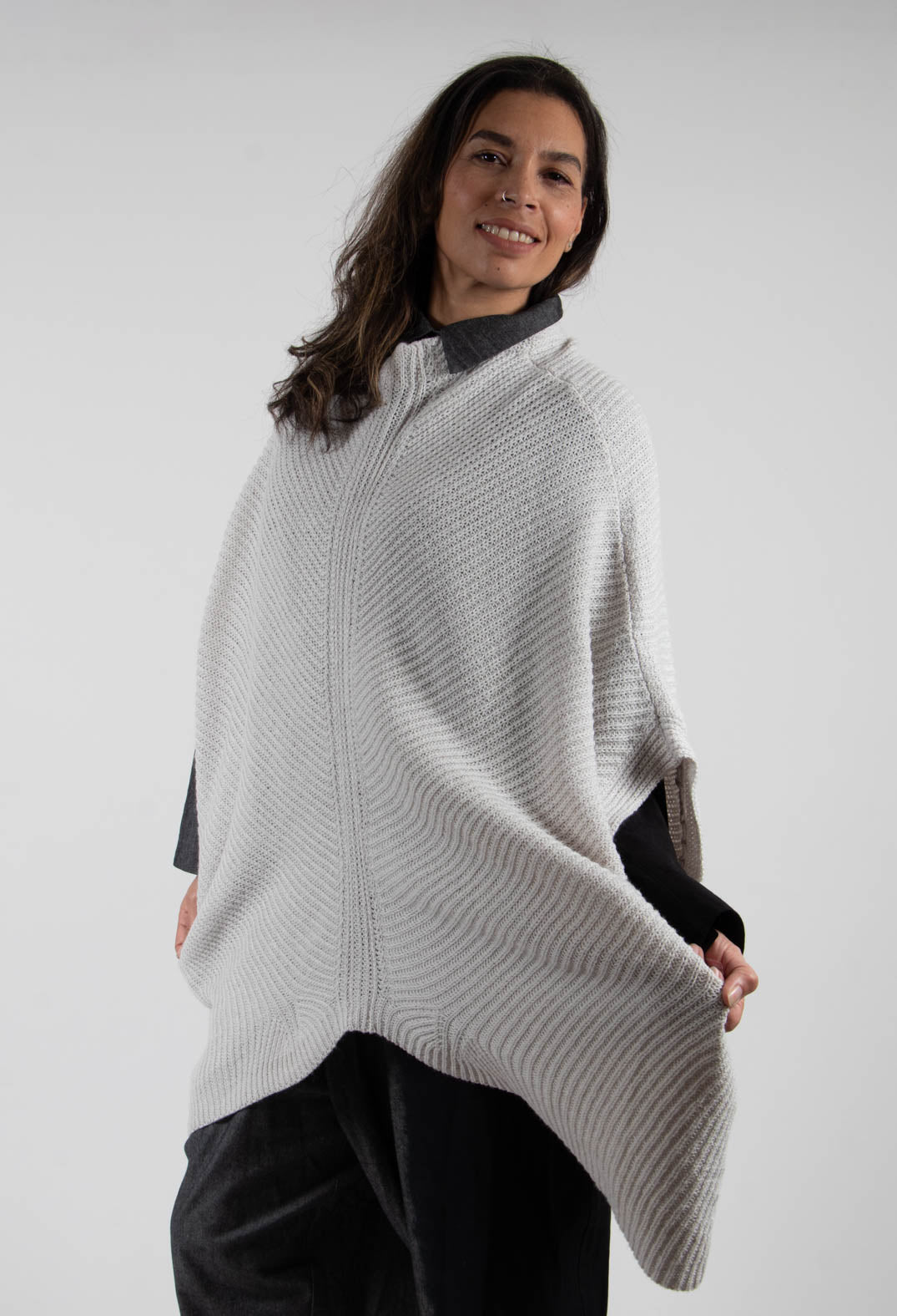 Ribbed Knit Poncho in Cream