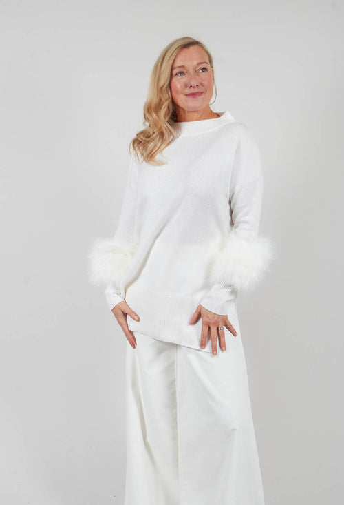 Wool Jumper with Sheepskin trim Sleeves in Pearl