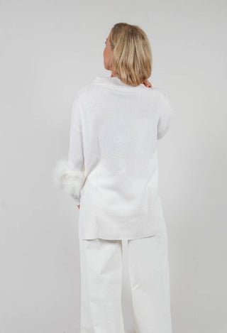 Wool Jumper with Sheepskin trim Sleeves in Pearl