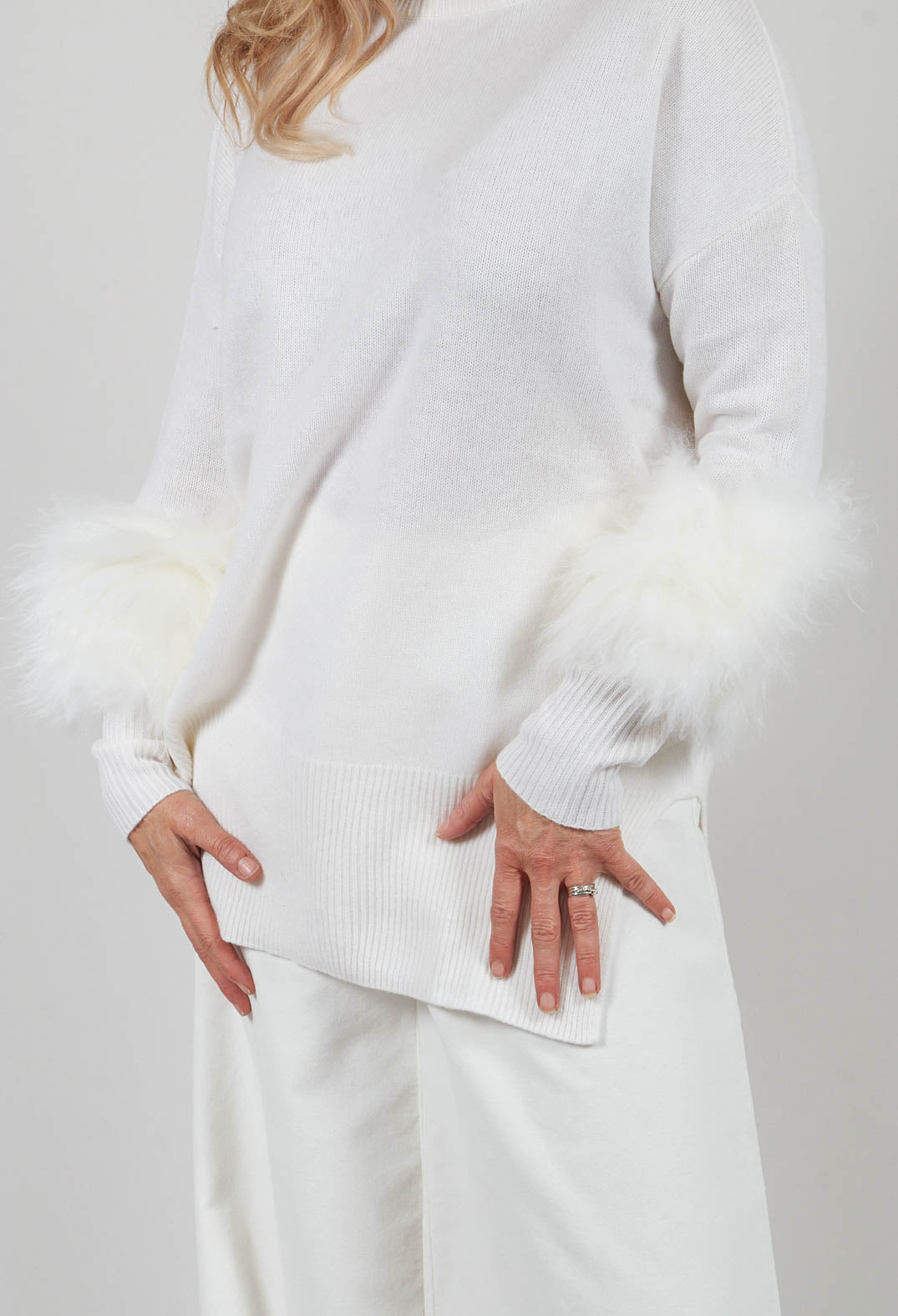 Wool Jumper with Sheepskin trim Sleeves in Pearl