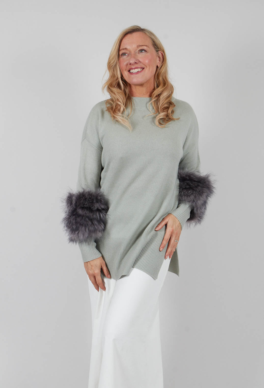 Wool Jumper with Sheepskin trim Sleeves in Peridot