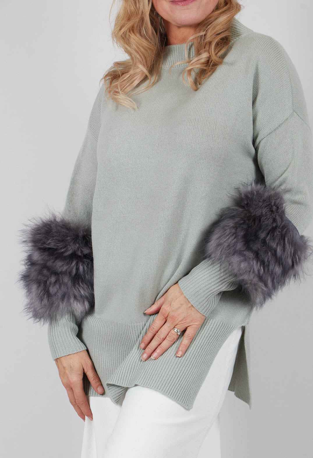 Wool Jumper with Sheepskin trim Sleeves in Peridot