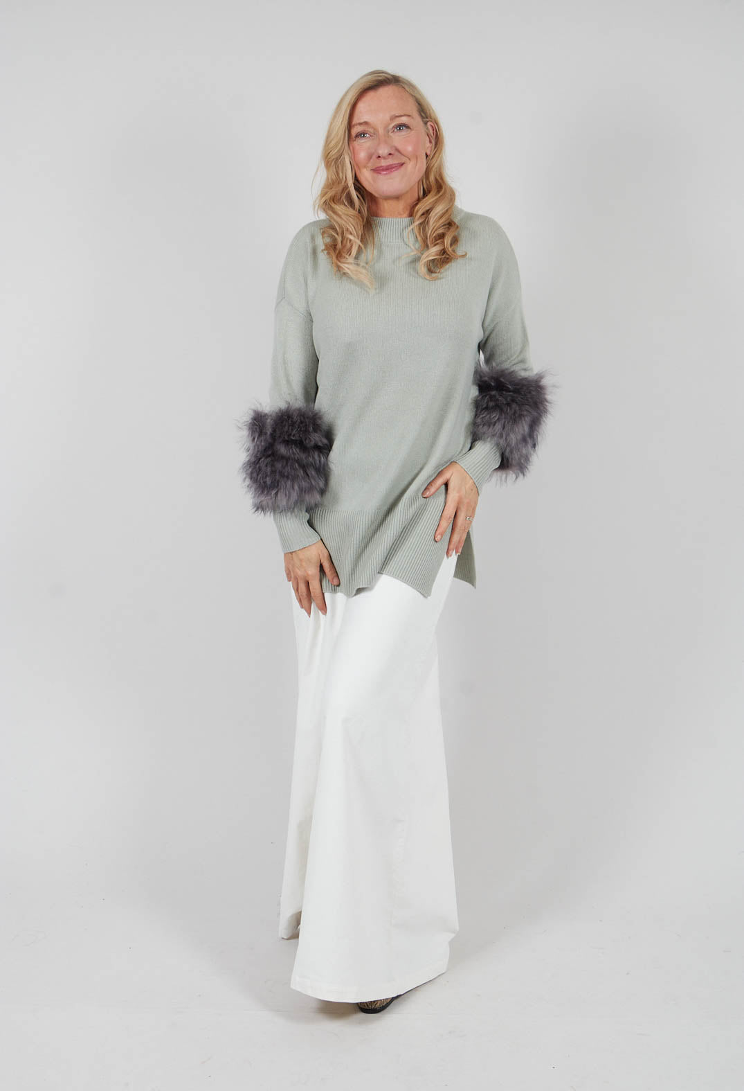 Wool Jumper with Sheepskin trim Sleeves in Peridot