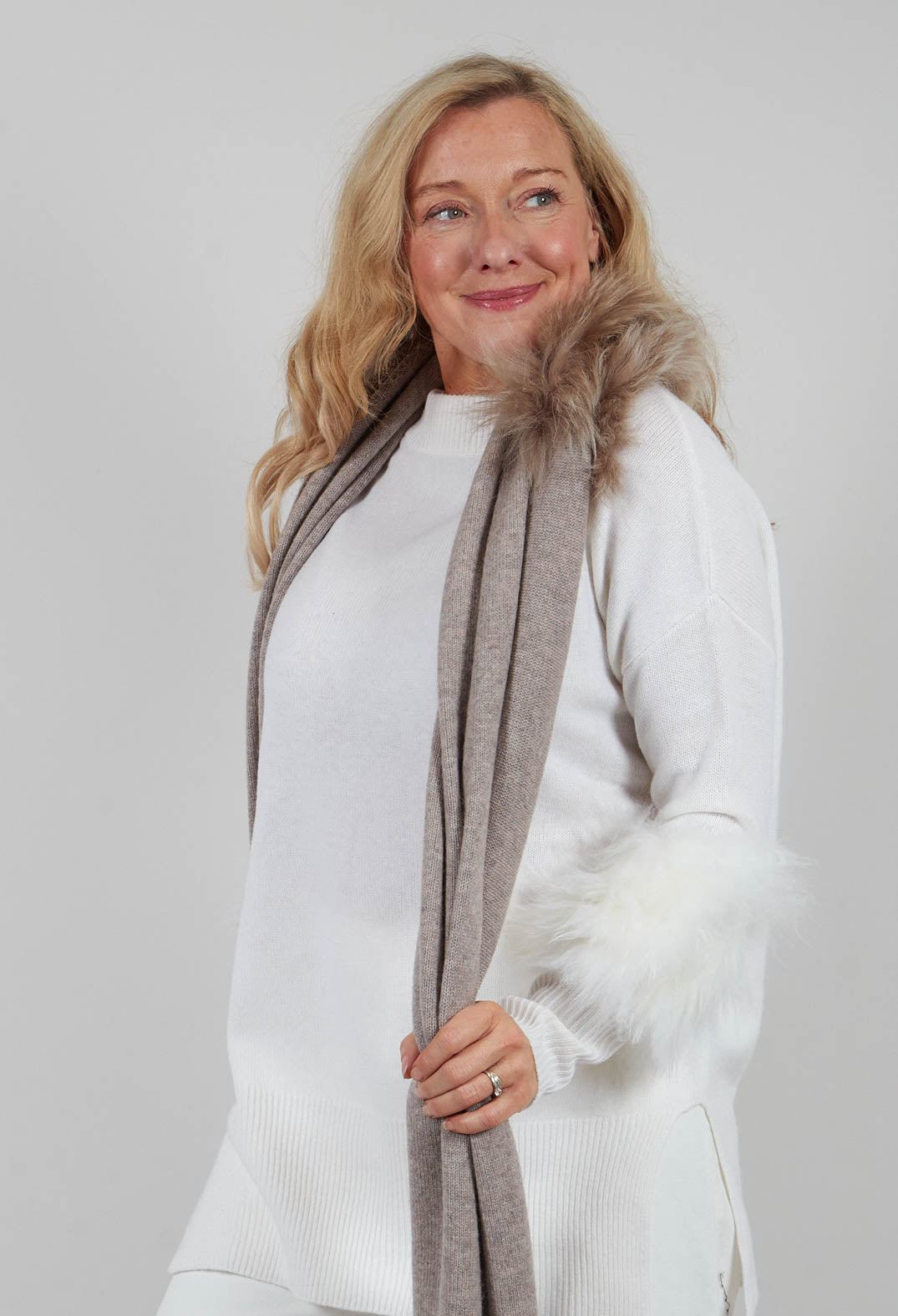 Wool Scarf with Fur Trim in Sandstone