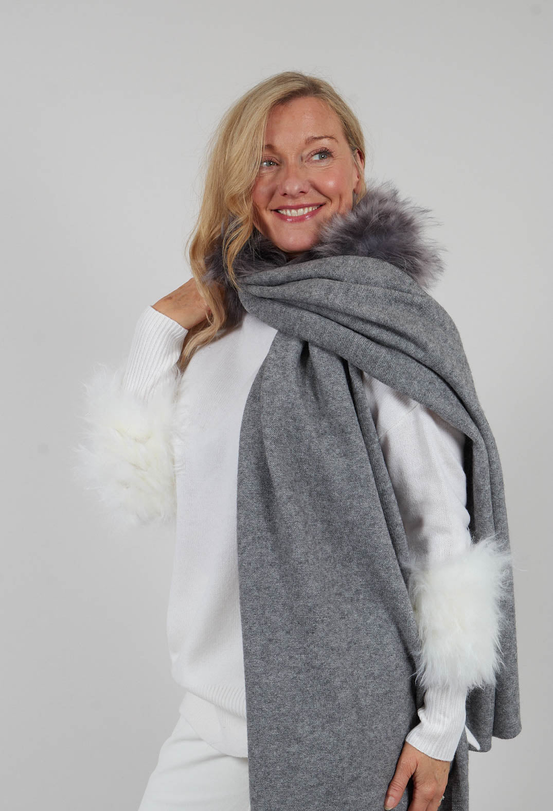 Wool Scarf with Fur Trim in Silver