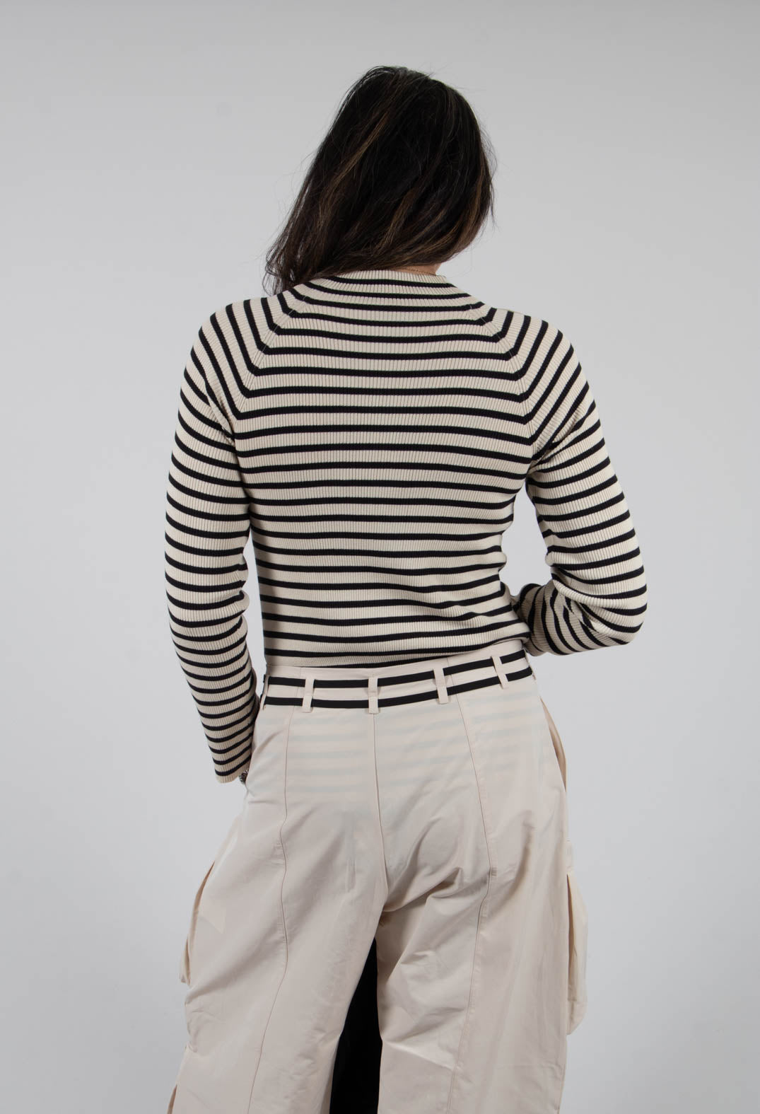 Bloom Rib Knit Blouse in Beige Stripe