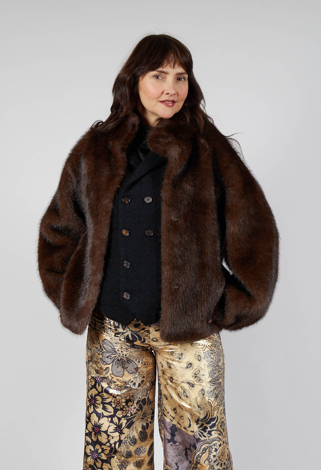 Faux Fur Jacket with High Neck in Brown