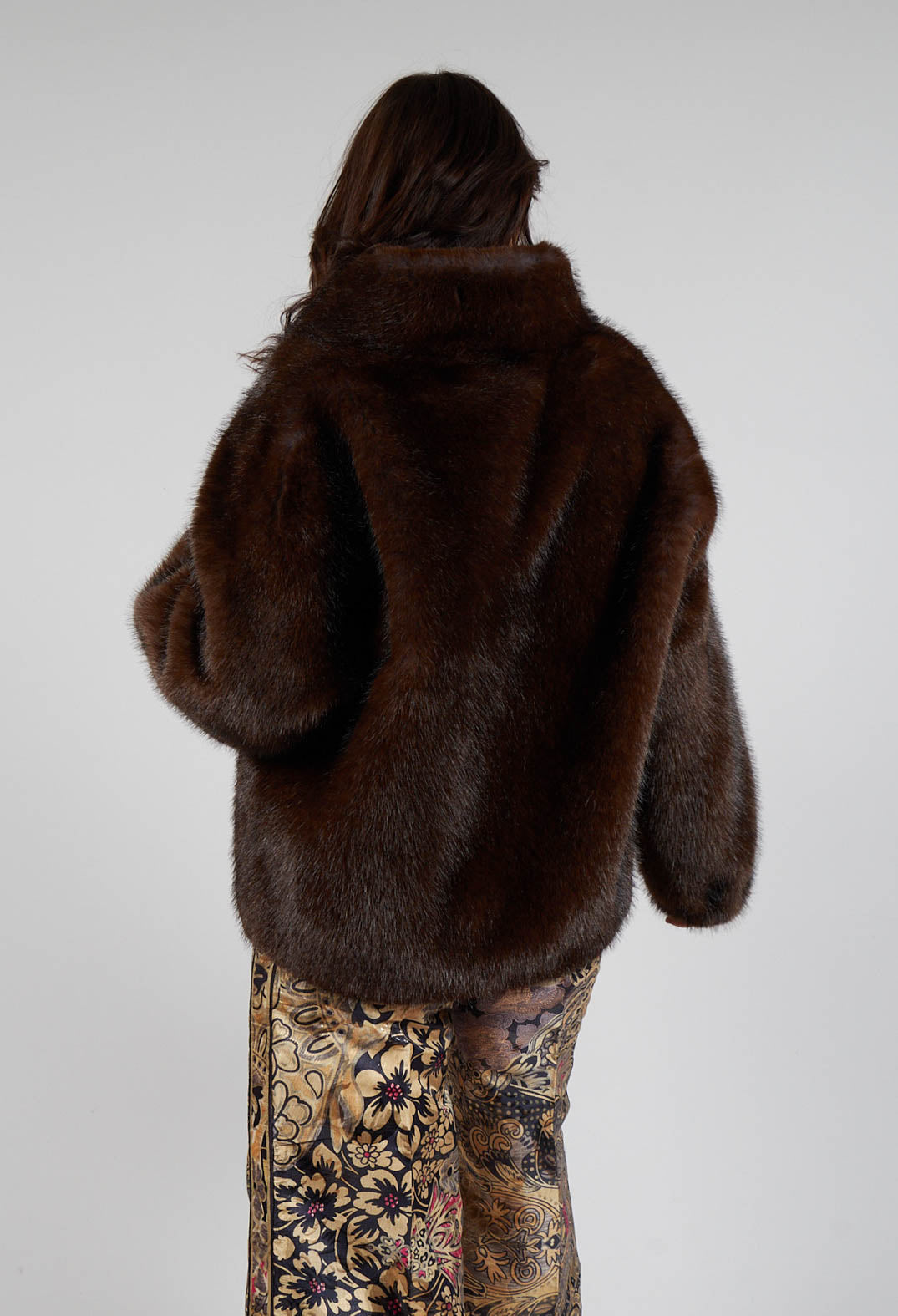 Faux Fur Jacket with High Neck in Brown