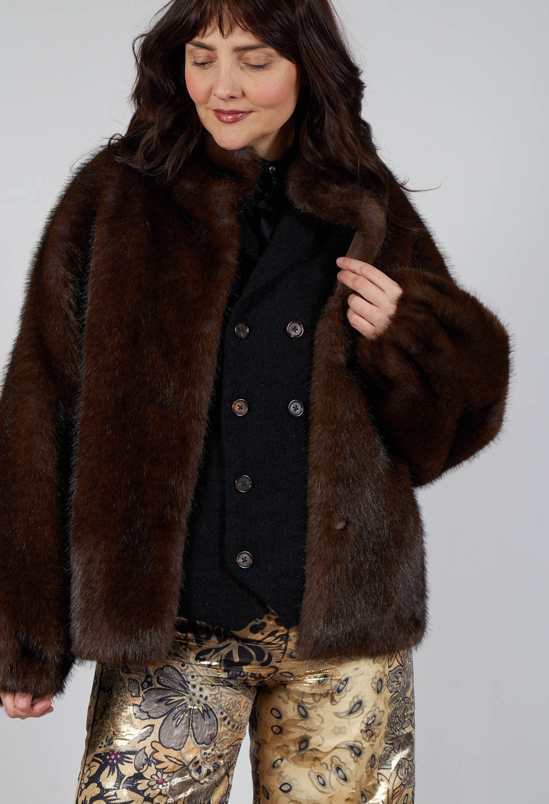 Faux Fur Jacket with High Neck in Brown