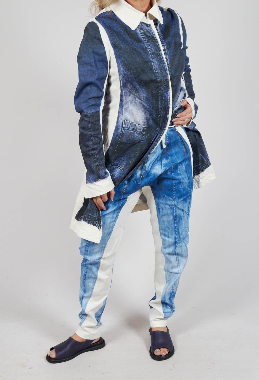 Trousers with Contrast Inside Panels in Denim Print