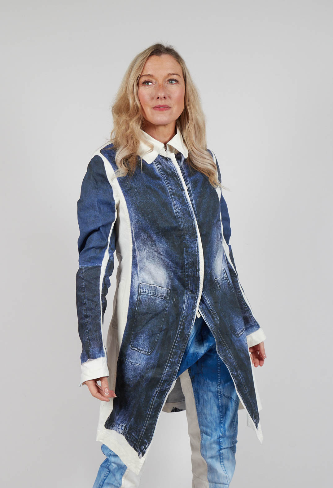 Long Coat with Contrast Lining in Denim Print