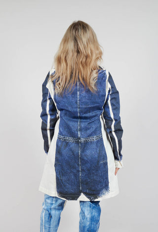 Long Coat with Contrast Lining in Denim Print