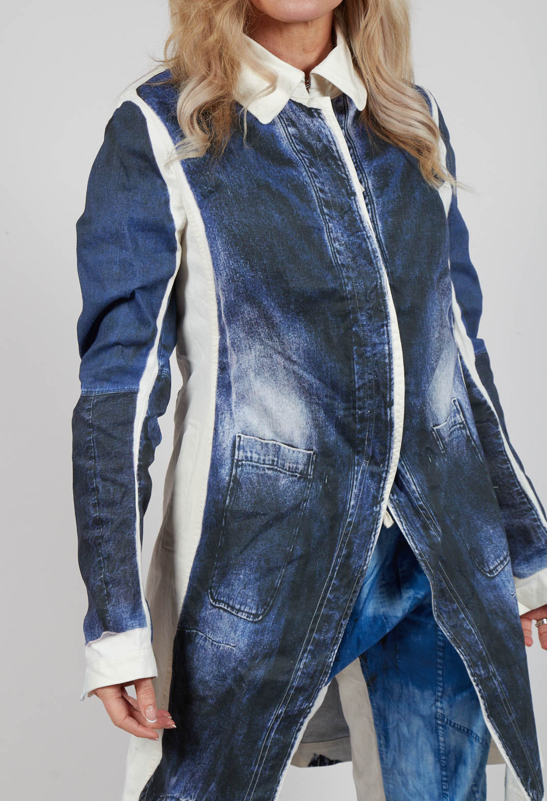 Long Coat with Contrast Lining in Denim Print