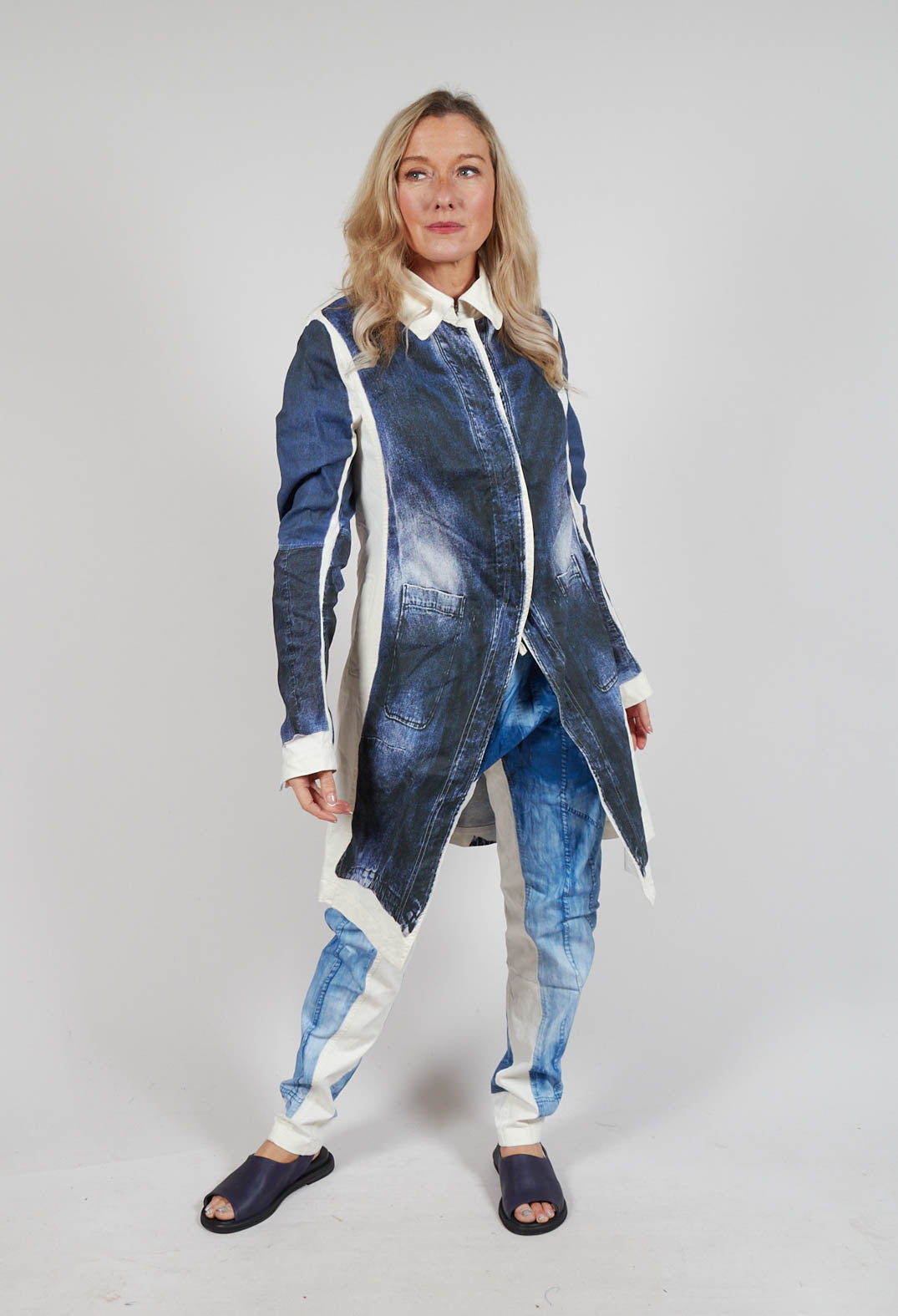 Long Coat with Contrast Lining in Denim Print