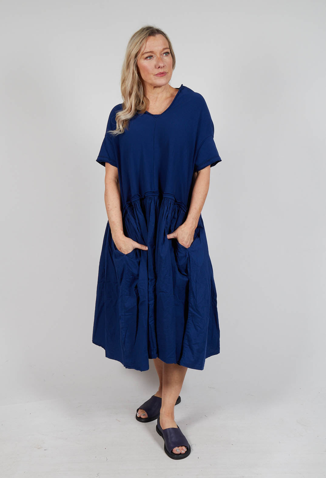 Jersey Pleated Dress with Dropped Waist in Ocean